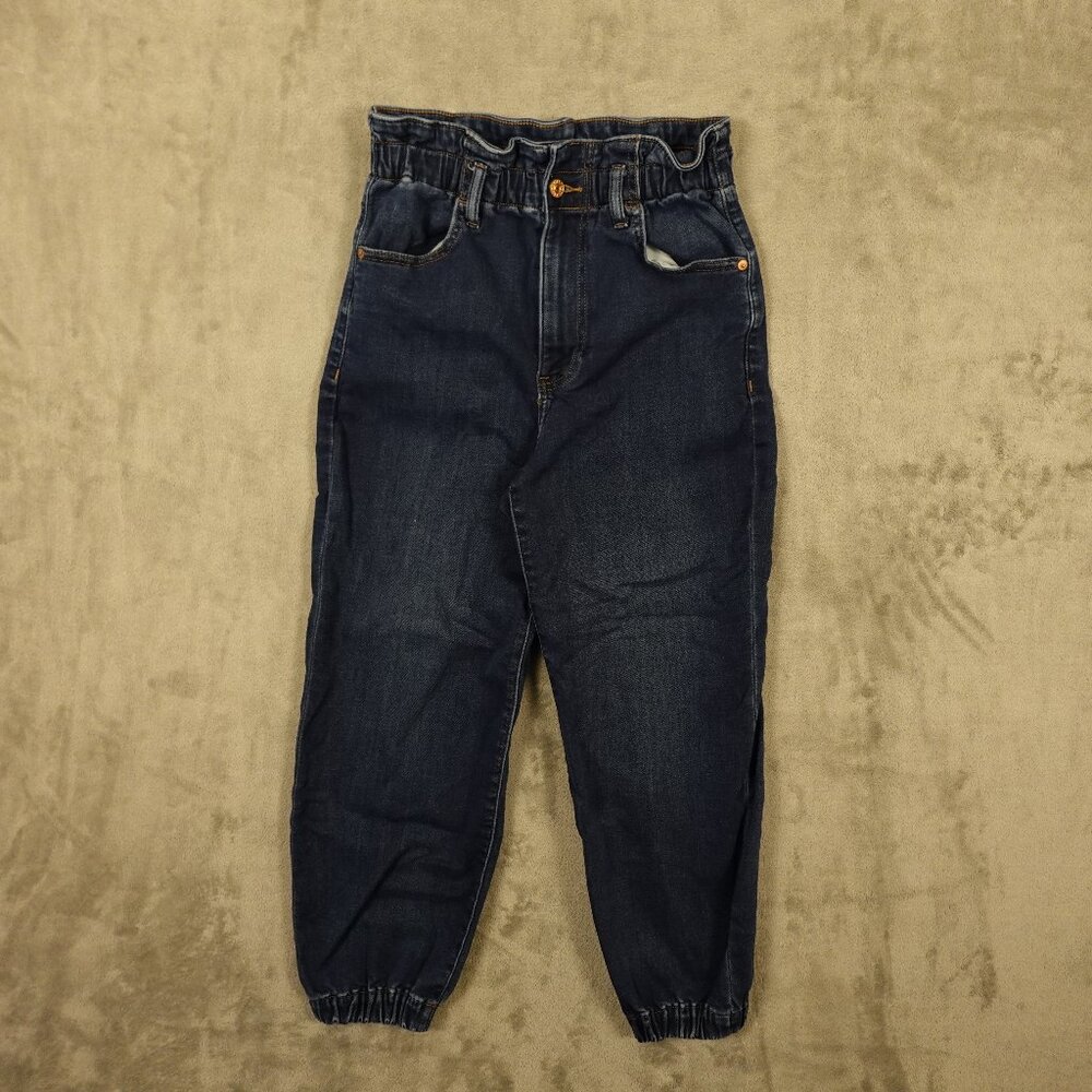Express Jeans Jogger super high rise paper bag waist women's 4s short blue denim